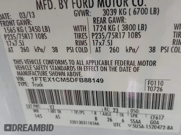 2013 Ford F-150 XL with VIN 1FTEX1CM5DFB88149, listed as a IAAI auction lot 40695089 with 105,049 mi miles. Bid and sale history available at carsss.com. Image 9.