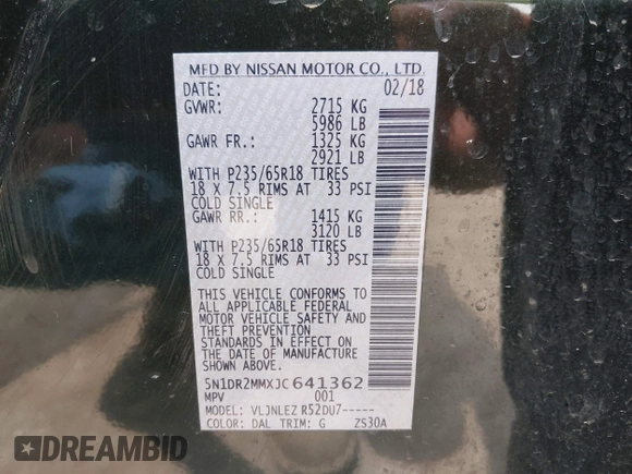 2018 Nissan Pathfinder SL with VIN 5N1DR2MMXJC641362, listed as a IAAI auction lot 42466761 with 105,486 mi miles and . Bid and sale history available at DreamBid. Image 7.