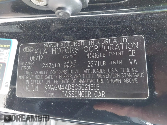 2012 Kia Optima Hybrid with VIN KNAGM4AD8C5021615, listed as a IAAI auction lot 41216697 with 119,153 mi miles. Bid and sale history available at carsss.com. Image 9.
