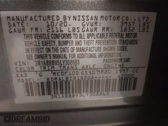 2020 Nissan Sentra S with VIN 3N1AB8BV5LY308865, listed as a IAAI auction lot 41656332 with 52,108 mi miles. Bid and sale history available at carsss.com. Image 9.