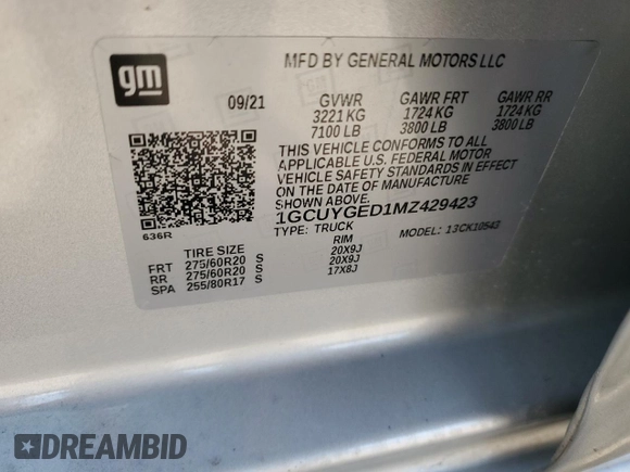 2021 Chevrolet Silverado 1500 LTZ with VIN 1GCUYGED1MZ429423, listed as a Copart auction lot 83091894 with 62,322 mi miles and Clean Title. Bid and sale history available at DreamBid. Image 12.