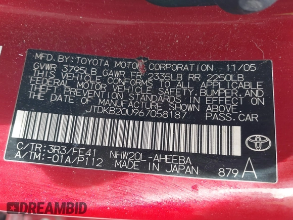 2006 Toyota Prius with VIN JTDKB20U967058187, listed as a IAAI auction lot 41992192 with Not Provided miles. Bid and sale history available at carsss.com. Image 9.