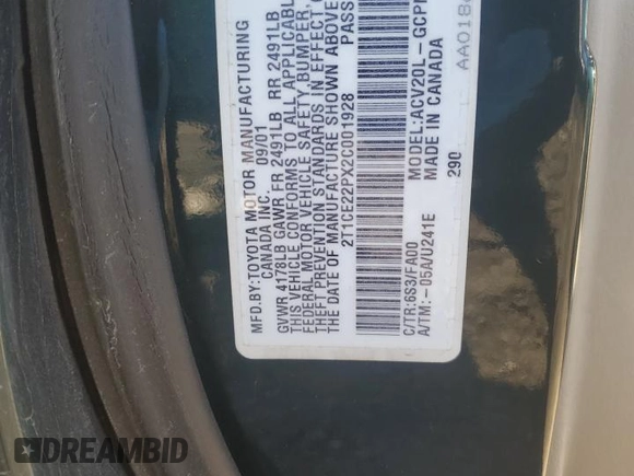 2002 Toyota Solara SE with VIN 2T1CE22PX2C001928, listed as a Copart auction lot 49954755 with 216,168 mi miles and Salvage Title. Bid and sale history available at carsss.com. Image 12.