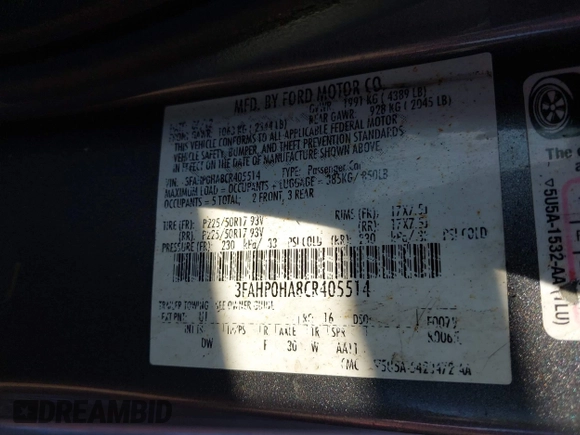 2012 Ford Fusion SE with VIN 3FAHP0HA8CR405514, listed as a IAAI auction lot 42535230 with Not provided miles and . Bid and sale history available at DreamBid. Image 9.