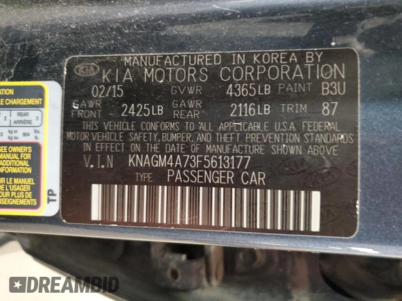 2015 Kia Optima LX with VIN KNAGM4A73F5613177, listed as a Copart auction lot 53689555 with Not Provided miles and Clean Title. Bid and sale history available at carsss.com. Image 13.