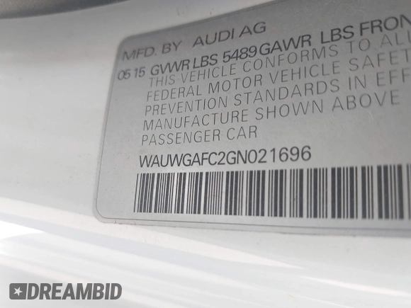 2016 Audi A7 Premium Plus with VIN WAUWGAFC2GN021696, listed as a IAAI auction lot 42595234 with 112,464 mi miles and . Bid and sale history available at DreamBid. Image 9.
