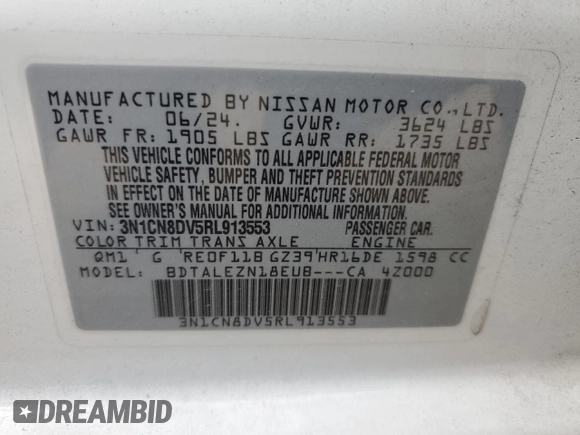 2024 Nissan Versa S with VIN 3N1CN8DV5RL913553, listed as a Copart auction lot 64141925 with 14,026 mi miles and Clean title. Bid and sale history available at DreamBid. Image 13.