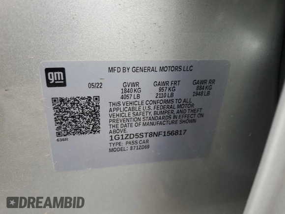 2022 Chevrolet Malibu LT with VIN 1G1ZD5ST8NF156817, listed as a Copart auction lot 55705925 with 41,845 mi miles and Non Repairable. Bid and sale history available at DreamBid. Image 12.