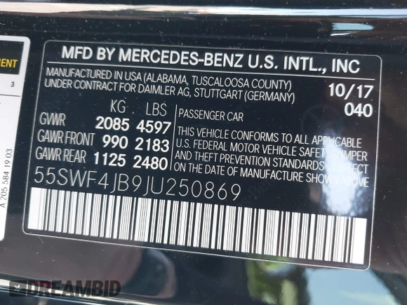 2018 Mercedes-Benz C 300 z VIN 55SWF4JB9JU250869, wystawiony jako IAAI lot #41990855 z przebiegiem 54 938 mil mil oraz . Historia ofert i sprzedaży dostępna na DreamBid. Obrazek 9.