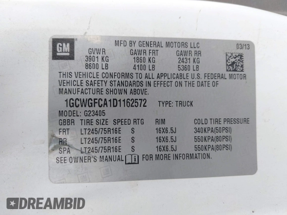 2013 Chevrolet Express Cargo with VIN 1GCWGFCA1D1162572, listed as a IAAI auction lot 42095786 with 242,248 mi miles and . Bid and sale history available at DreamBid. Image 9.