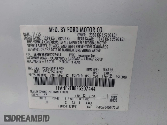 2015 Ford Taurus SEL with VIN 1FAHP2E88FG207444, listed as a IAAI auction lot 41728158 with Not Provided miles and . Bid and sale history available at carsss.com. Image 9.