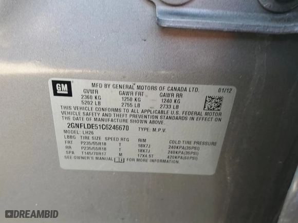 2012 Chevrolet Equinox LT w/1LT with VIN 2GNFLDE51C6246670, listed as a Copart auction lot 48568775 with 142,975 mi miles and Salvage Title. Bid and sale history available at carsss.com. Image 13.