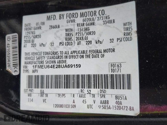 2008 Ford Explorer Eddie Bauer with VIN 1FMEU64E28UA69159, listed as a IAAI auction lot 42122400 with 188,002 mi miles. Bid and sale history available at carsss.com. Image 9.
