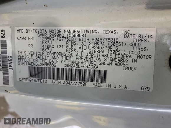 2014 Toyota Tacoma with VIN 5TFUU4EN6EX095082, listed as a IAAI auction lot 42023347 with 118,102 mi miles and . Bid and sale history available at DreamBid. Image 1.