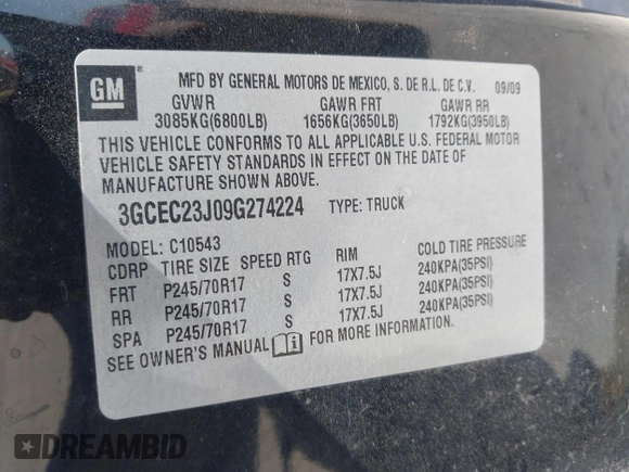 2009 Chevrolet Silverado 1500 LT with VIN 3GCEC23J09G274224, listed as a IAAI auction lot 41809059 with 142,349 mi miles. Bid and sale history available at carsss.com. Image 9.