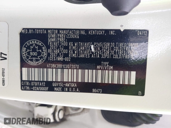 2012 Toyota Venza LE with VIN 4T3BK3BB1CU072070, listed as a IAAI auction lot 42234826 with 137,343 mi miles and . Bid and sale history available at DreamBid. Image 9.