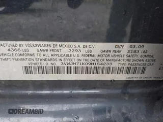 2009 Volkswagen Jetta S с VIN 3VWJM71K09M154233, выставлен на аукционе IAAI как лот 41876480 с пробегом 196 569 миль миль и . История ставок и продаж доступна на DreamBid. Изображение 9.