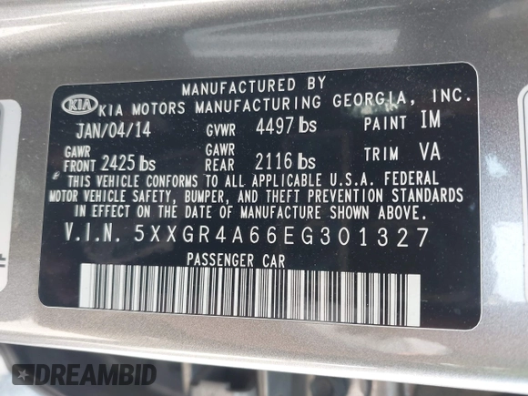 2014 Kia Optima SXL Turbo with VIN 5XXGR4A66EG301327, listed as a IAAI auction lot 41978246 with 140,107 mi miles and . Bid and sale history available at DreamBid. Image 9.