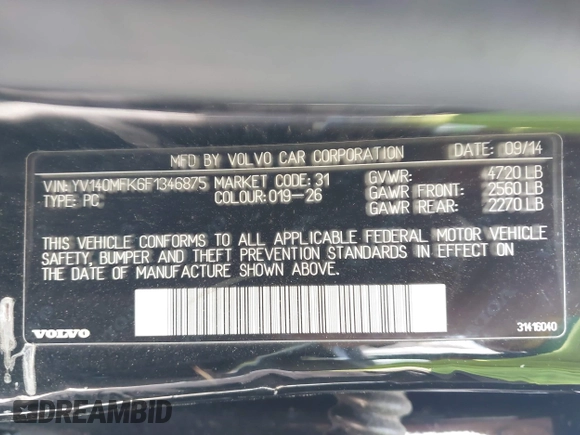 2015 Volvo S60 T5 Drive-E Premier with VIN YV140MFK6F1346875, listed as a IAAI auction lot 42004365 with 98,574 mi miles and . Bid and sale history available at DreamBid. Image 9.
