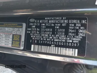 2016 Kia Sorento EX with VIN 5XYPHDA52GG158367, listed as a IAAI auction lot 42205813 with 188,654 mi miles and . Bid and sale history available at DreamBid. Image 9.
