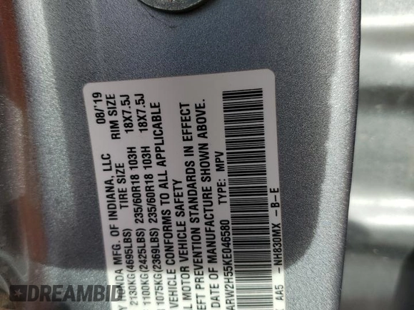 2019 Honda CR-V EX with VIN 7FARW2H55KE046580, listed as a Copart auction lot 48546415 with 53,147 mi miles and Salvage Title. Bid and sale history available at carsss.com. Image 13.