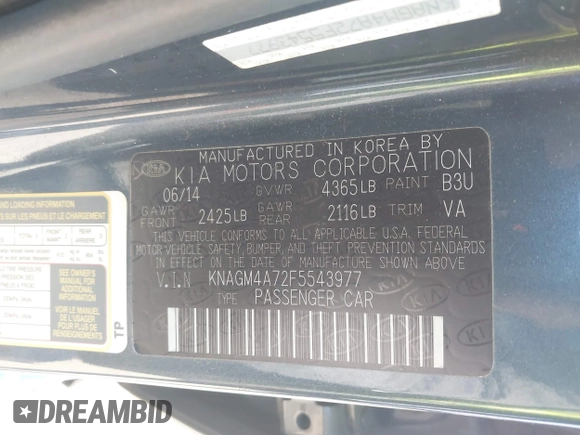 2015 Kia Optima LX with VIN KNAGM4A72F5543977, listed as a IAAI auction lot 41328035 with 153,805 mi miles and . Bid and sale history available at DreamBid. Image 9.