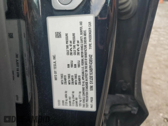 2023 Tesla Model 3 with VIN 5YJ3E1EA8PF438542, listed as a Copart auction lot 66329695 with 71,639 mi miles and Clean title. Bid and sale history available at DreamBid. Image 13.