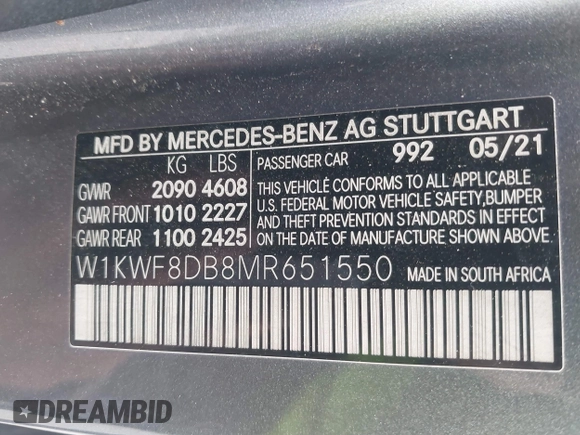 2021 Mercedes-Benz C 300 with VIN W1KWF8DB8MR651550, listed as a IAAI auction lot 41529067 with 92,616 mi miles and . Bid and sale history available at carsss.com. Image 9.