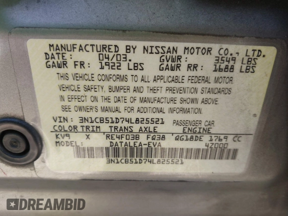 2004 Nissan Sentra S z VIN 3N1CB51D74L825521, wystawiony jako IAAI lot #42403530 z przebiegiem 196 672 mil mil oraz . Historia ofert i sprzedaży dostępna na DreamBid. Obrazek 9.