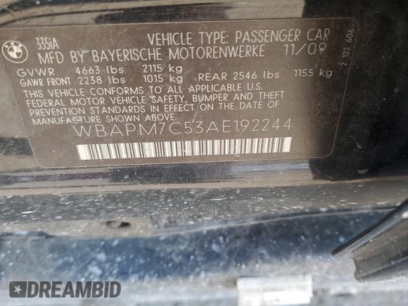 2010 BMW 3 Series 335i with VIN WBAPM7C53AE192244, listed as a Copart auction lot 77844314 with 100,298 mi miles and Clean title. Bid and sale history available at DreamBid. Image 12.