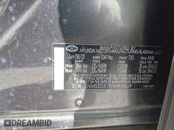 2022 Hyundai Santa Fe SEL with VIN 5NMS3DAJ8NH474669, listed as a IAAI auction lot 41839204 with 51,353 mi miles. Bid and sale history available at carsss.com. Image 9.