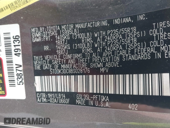 2011 Toyota Sienna XLE with VIN 5TDDK3DC8BS028176, listed as a IAAI auction lot 42592654 with 161,992 mi miles and . Bid and sale history available at DreamBid. Image 9.