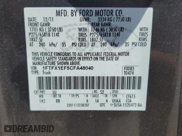 2012 Ford F-150 XL with VIN 1FTFX1EF5CFA48040, listed as a Copart auction lot 59801405 with 197,166 mi miles and Salvage title. Bid and sale history available at DreamBid. Image 12.