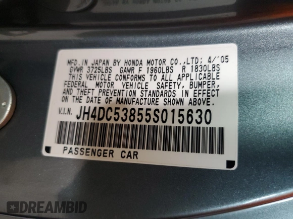 2005 Acura RSX with VIN JH4DC53855S015630, listed as a Copart auction lot 46682125 with 138,779 mi miles and Salvage title. Bid and sale history available at DreamBid. Image 12.
