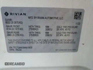 2022 Rivian R1T Adventure z VIN 7FCTGAAA3NN015635, wystawiony jako Copart lot #62676854 z przebiegiem 10 608 mil mil oraz Szkody całkowita. Historia ofert i sprzedaży dostępna na DreamBid. Obrazek 14.