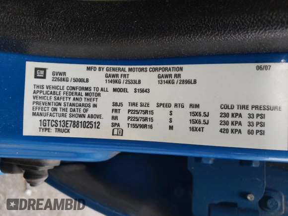 2008 GMC Canyon SLE1 with VIN 1GTCS13E788102512, listed as a Copart auction lot 43248555 with 0 mi miles and Salvage Title. Bid and sale history available at carsss.com. Image 13.