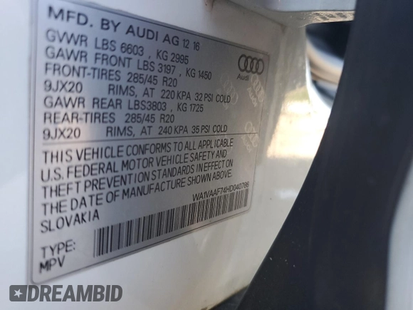 2017 Audi Q7 Prestige with VIN WA1VAAF74HD040786, listed as a Copart auction lot 54548385 with 111,233 mi miles and Salvage title. Bid and sale history available at DreamBid. Image 13.