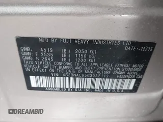 2016 Subaru Legacy Premium с VIN 4S3BNAC65G3032113, выставлен на аукционе IAAI как лот 42673362 с пробегом 179 546 миль миль и . История ставок и продаж доступна на DreamBid. Изображение 9.