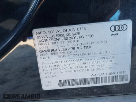 2014 Audi Q5 Premium with VIN WA1CFAFP4EA017515, listed as a IAAI auction lot 41000205 with 194,104 mi miles and . Bid and sale history available at DreamBid. Image 9.