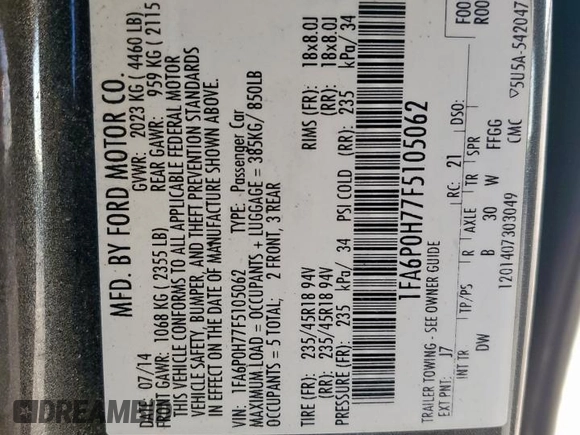 2015 Ford Fusion SE with VIN 1FA6P0H77F5105062, listed as a Copart auction lot 50411665 with 127,470 mi miles and Salvage Title. Bid and sale history available at DreamBid. Image 14.