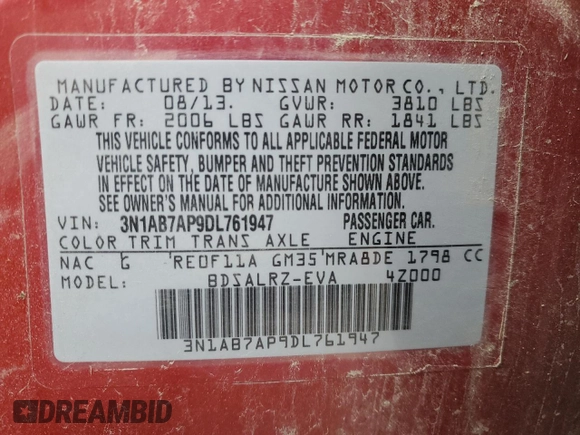 2013 Nissan Sentra SR with VIN 3N1AB7AP9DL761947, listed as a Copart auction lot 86168224 with 167,784 mi miles and Salvage Title. Bid and sale history available at DreamBid. Image 14.