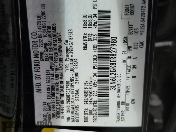 2014 Lincoln MKZ with VIN 3LN6L2GK8ER827980, listed as a Copart auction lot 58739125 with 69,359 mi miles and Salvage title. Bid and sale history available at DreamBid. Image 13.