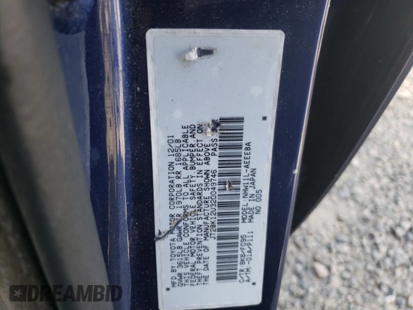 2002 Toyota Prius with VIN JT2BK12U320049746, listed as a Copart auction lot 56482984 with 186,642 mi miles and Salvage Title. Bid and sale history available at carsss.com. Image 12.