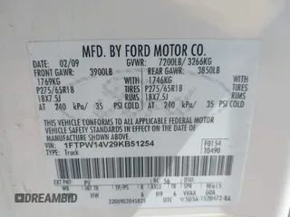 2009 Ford F-150 XL with VIN 1FTPW14V29KB51254, listed as a IAAI auction lot 42797757 with 192,902 mi miles and . Bid and sale history available at DreamBid. Image 9.