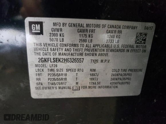 2017 GMC Terrain SLE with VIN 2GKFLSEK2H6326557, listed as a Copart auction lot 88942335 with 194,974 mi miles and Salvage Title. Bid and sale history available at carsss.com. Image 12.