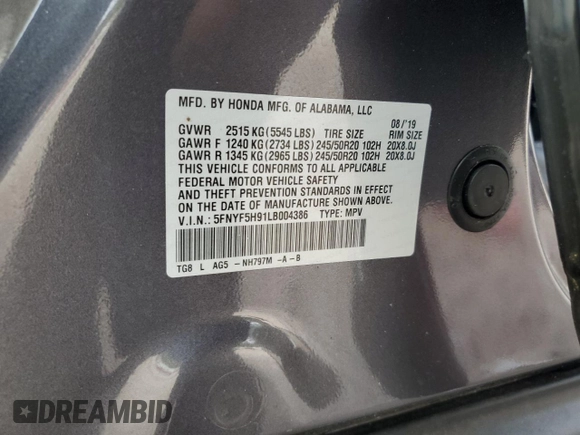 2020 Honda Pilot Touring 8-Passenger with VIN 5FNYF5H91LB004386, listed as a Copart auction lot 85913984 with 54,692 mi miles and Salvage Title. Bid and sale history available at DreamBid. Image 15.