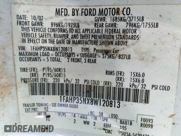 2008 Ford Focus SE with VIN 1FAHP35NX8W120813, listed as a IAAI auction lot 40655443 with Not provided miles and . Bid and sale history available at DreamBid. Image 9.