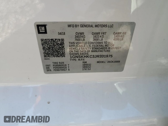 2018 Chevrolet Suburban LT z VIN 1GNSKHKC3JR331975, wystawiony jako Copart lot #56638795 z przebiegiem 130 647 mil mil oraz Szkoda całkowita • Salvage title. Historia ofert i sprzedaży dostępna na DreamBid. Obrazek 14.