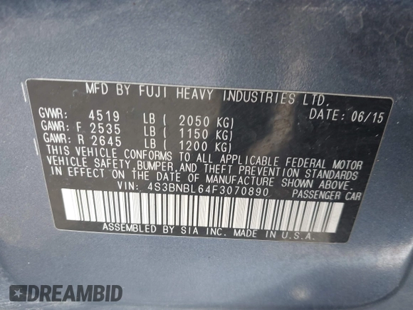 2015 Subaru Legacy 2.5i Limited with VIN 4S3BNBL64F3070890, listed as a IAAI auction lot 41938041 with 89,417 mi miles. Bid and sale history available at carsss.com. Image 9.