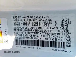 2024 Honda Civic Sedan Sport with VIN 2HGFE2F53RH581529, listed as a Copart auction lot 50530015 with 11,017 mi miles and Salvage Title. Bid and sale history available at carsss.com. Image 12.